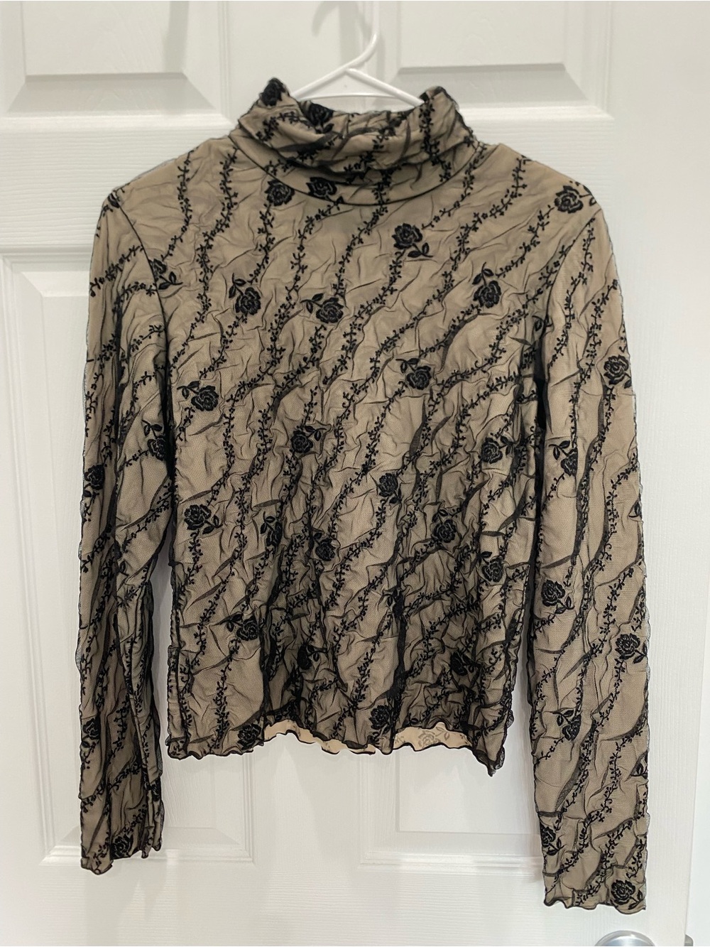 Women’s Long Sleeve Rose Mesh Turtleneck Top - Beige and Black
